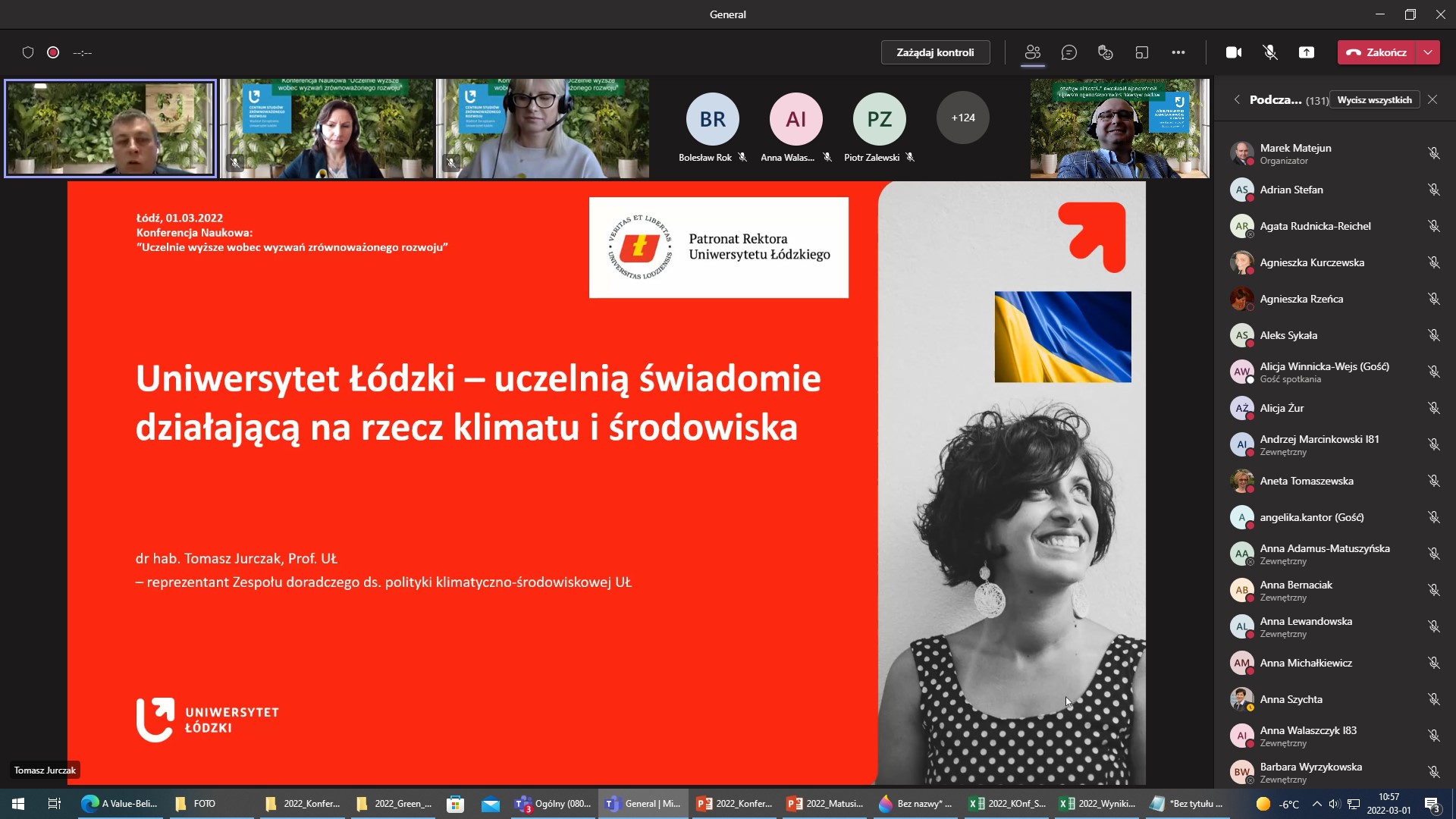 Zrzut z ekranu aplikacji MS Teams Ogólnopolskiej Konferencji Naukowej pt. „Uczelnie wyższe wobec wyzwań zrównoważonego rozwoju”, Wydział Zarządzania, Uniwersytet Łódzki, 01.03.2022