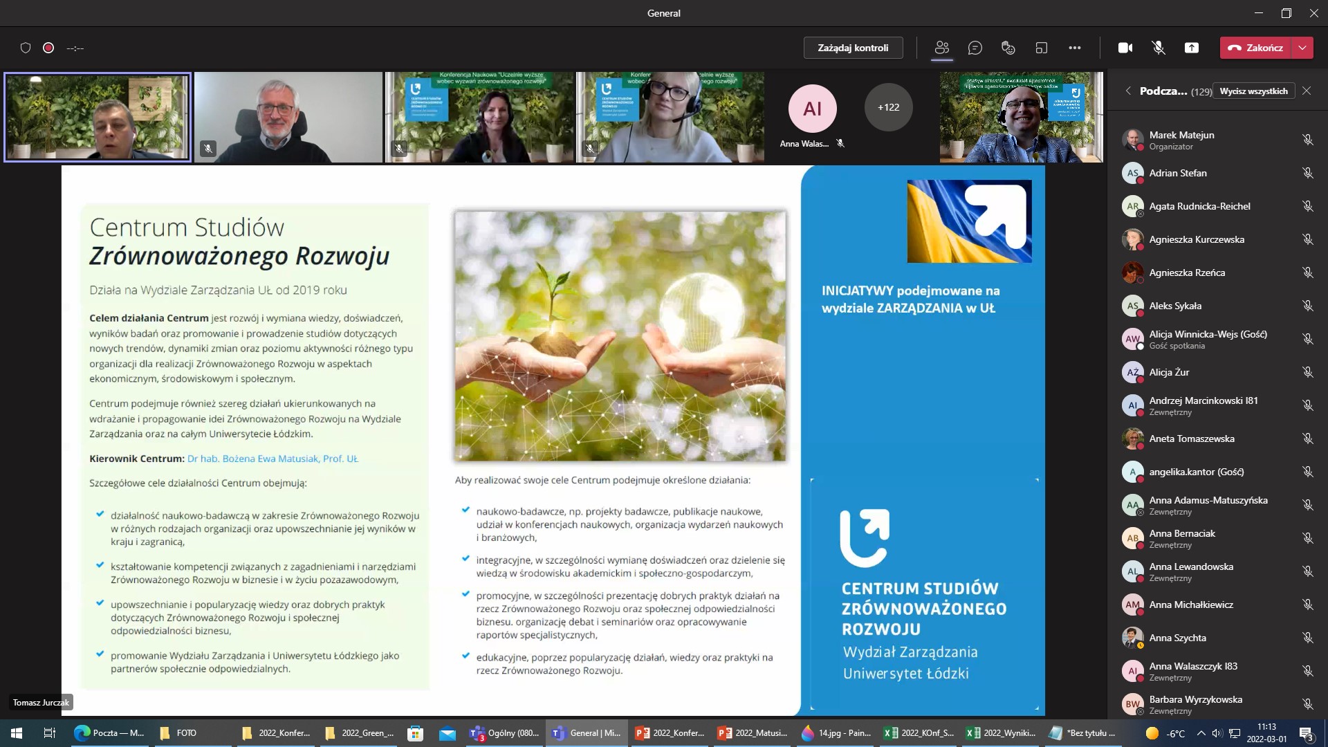 Zrzut z ekranu aplikacji MS Teams Ogólnopolskiej Konferencji Naukowej pt. „Uczelnie wyższe wobec wyzwań zrównoważonego rozwoju”, Wydział Zarządzania, Uniwersytet Łódzki, 01.03.2022