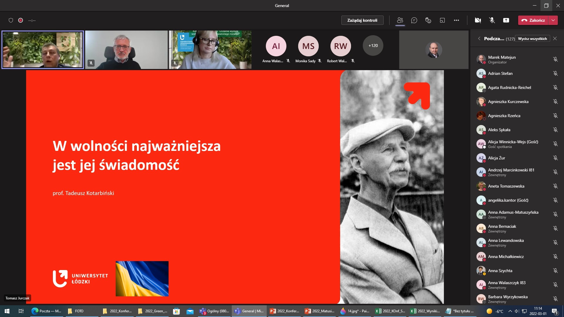 Zrzut z ekranu aplikacji MS Teams Ogólnopolskiej Konferencji Naukowej pt. „Uczelnie wyższe wobec wyzwań zrównoważonego rozwoju”, Wydział Zarządzania, Uniwersytet Łódzki, 01.03.2022