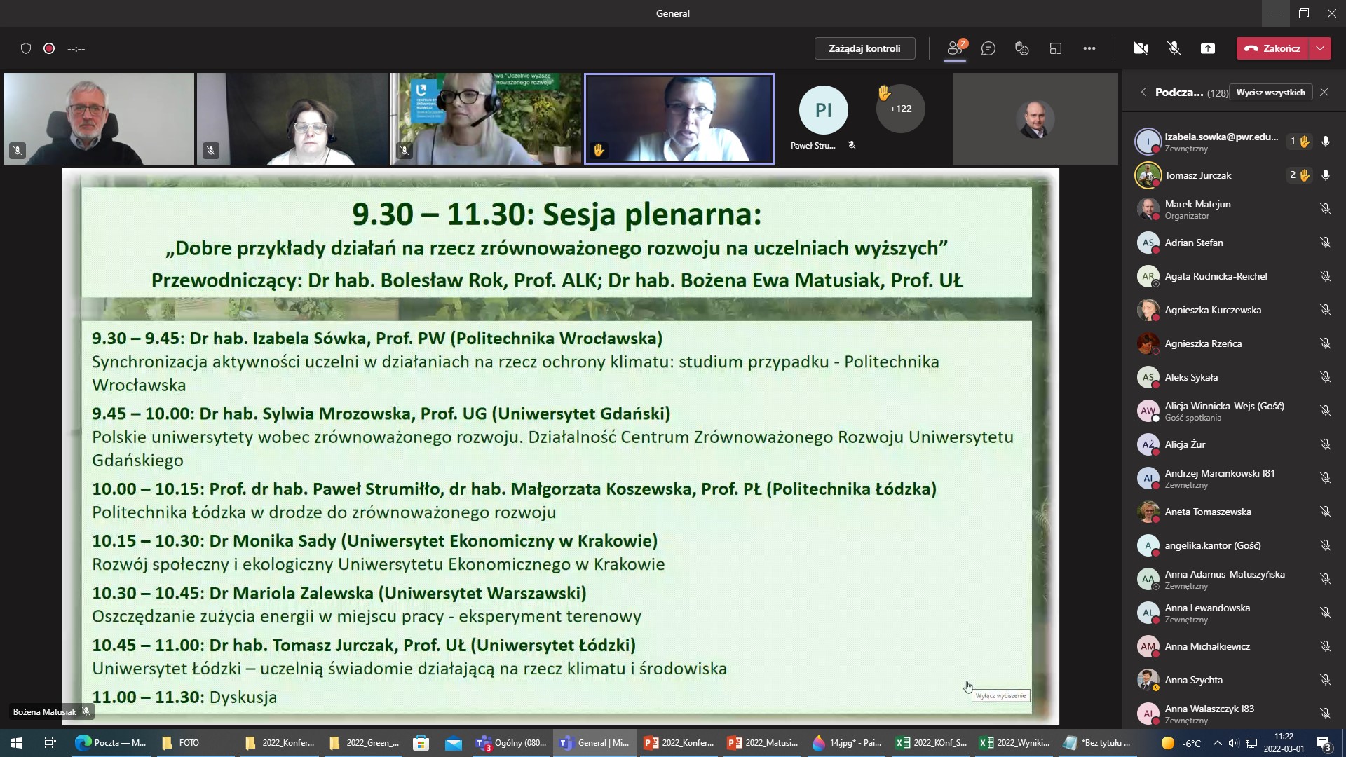 Zrzut z ekranu aplikacji MS Teams Ogólnopolskiej Konferencji Naukowej pt. „Uczelnie wyższe wobec wyzwań zrównoważonego rozwoju”, Wydział Zarządzania, Uniwersytet Łódzki, 01.03.2022