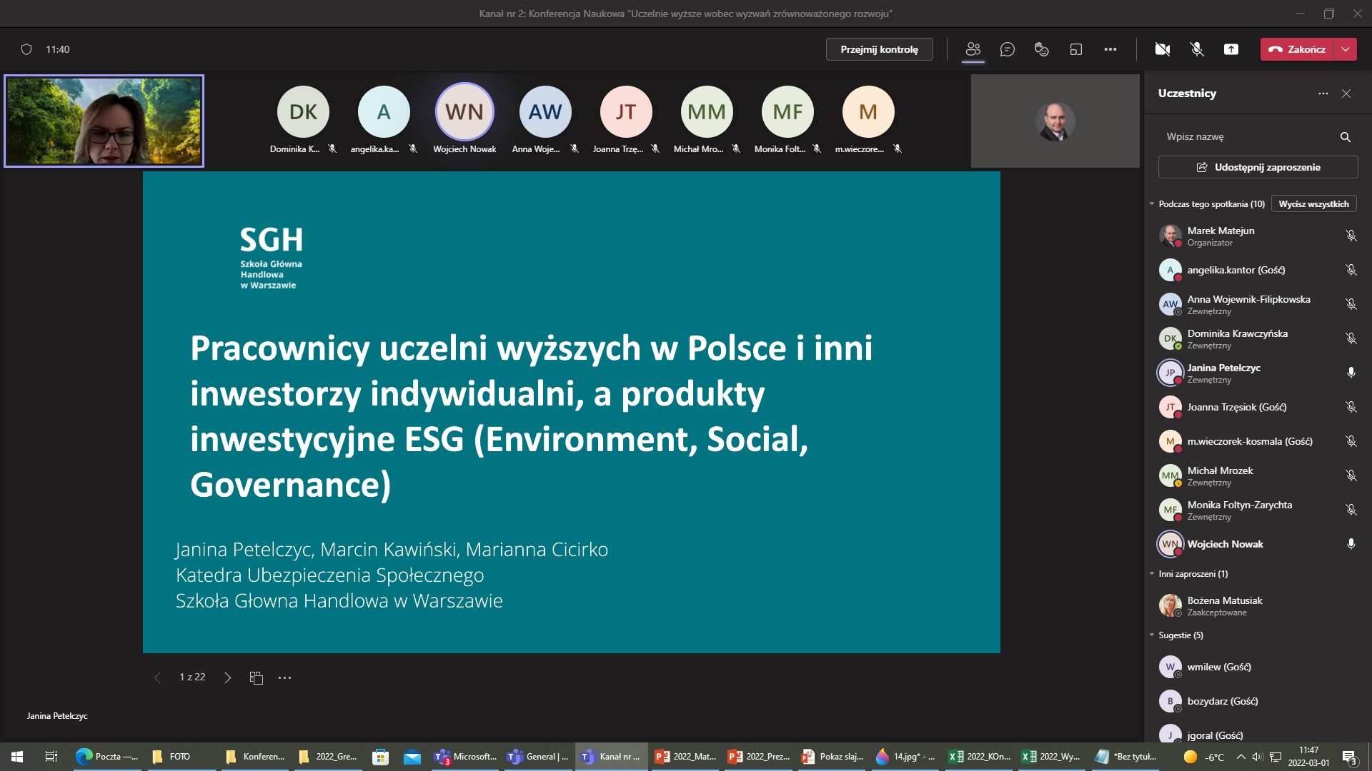 Zrzut z ekranu aplikacji MS Teams Ogólnopolskiej Konferencji Naukowej pt. „Uczelnie wyższe wobec wyzwań zrównoważonego rozwoju”, Wydział Zarządzania, Uniwersytet Łódzki, 01.03.2022