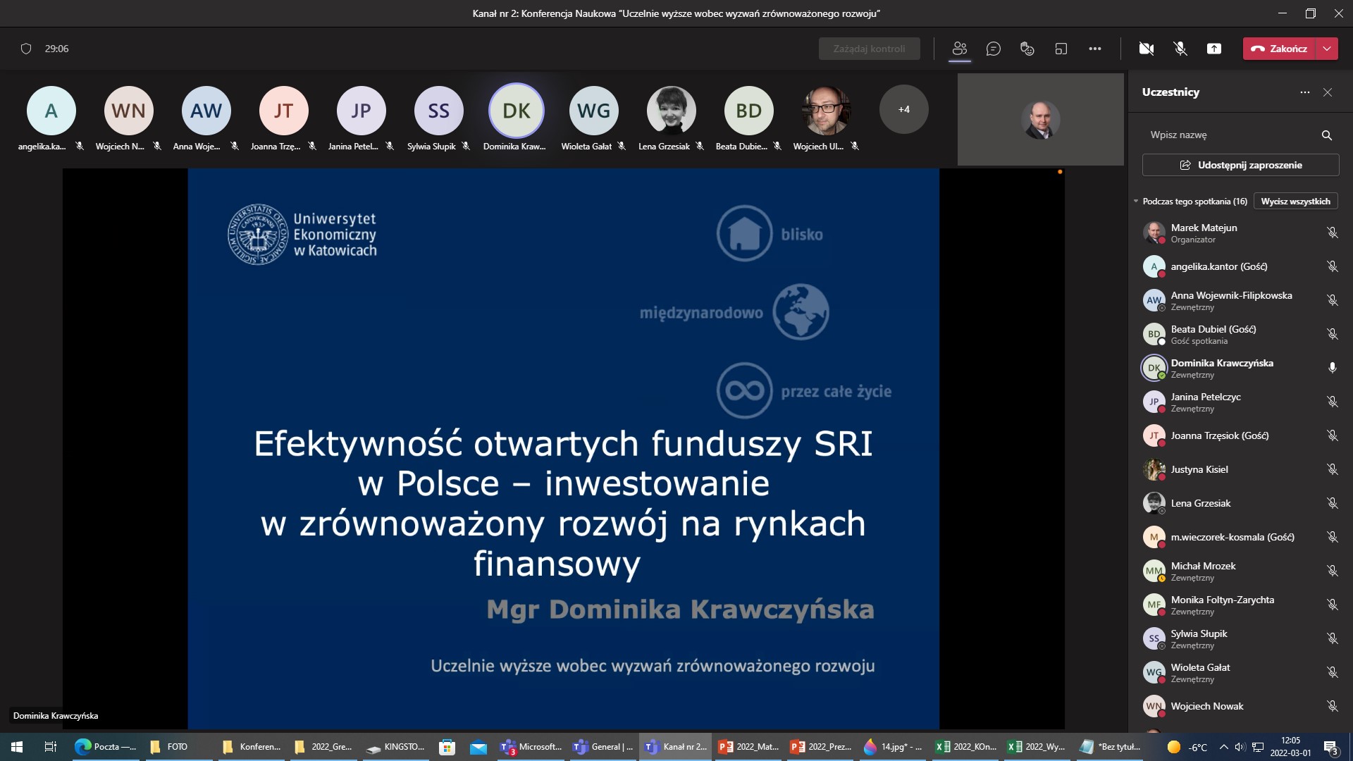 Zrzut z ekranu aplikacji MS Teams Ogólnopolskiej Konferencji Naukowej pt. „Uczelnie wyższe wobec wyzwań zrównoważonego rozwoju”, Wydział Zarządzania, Uniwersytet Łódzki, 01.03.2022