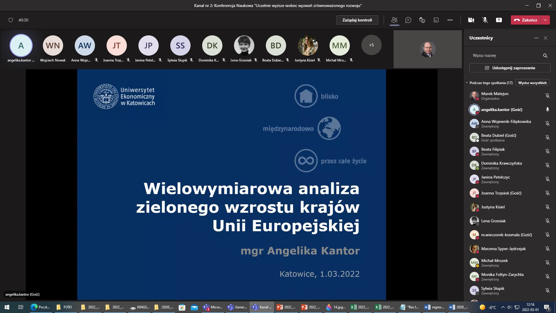 Zrzut z ekranu aplikacji MS Teams Ogólnopolskiej Konferencji Naukowej pt. „Uczelnie wyższe wobec wyzwań zrównoważonego rozwoju”, Wydział Zarządzania, Uniwersytet Łódzki, 01.03.2022