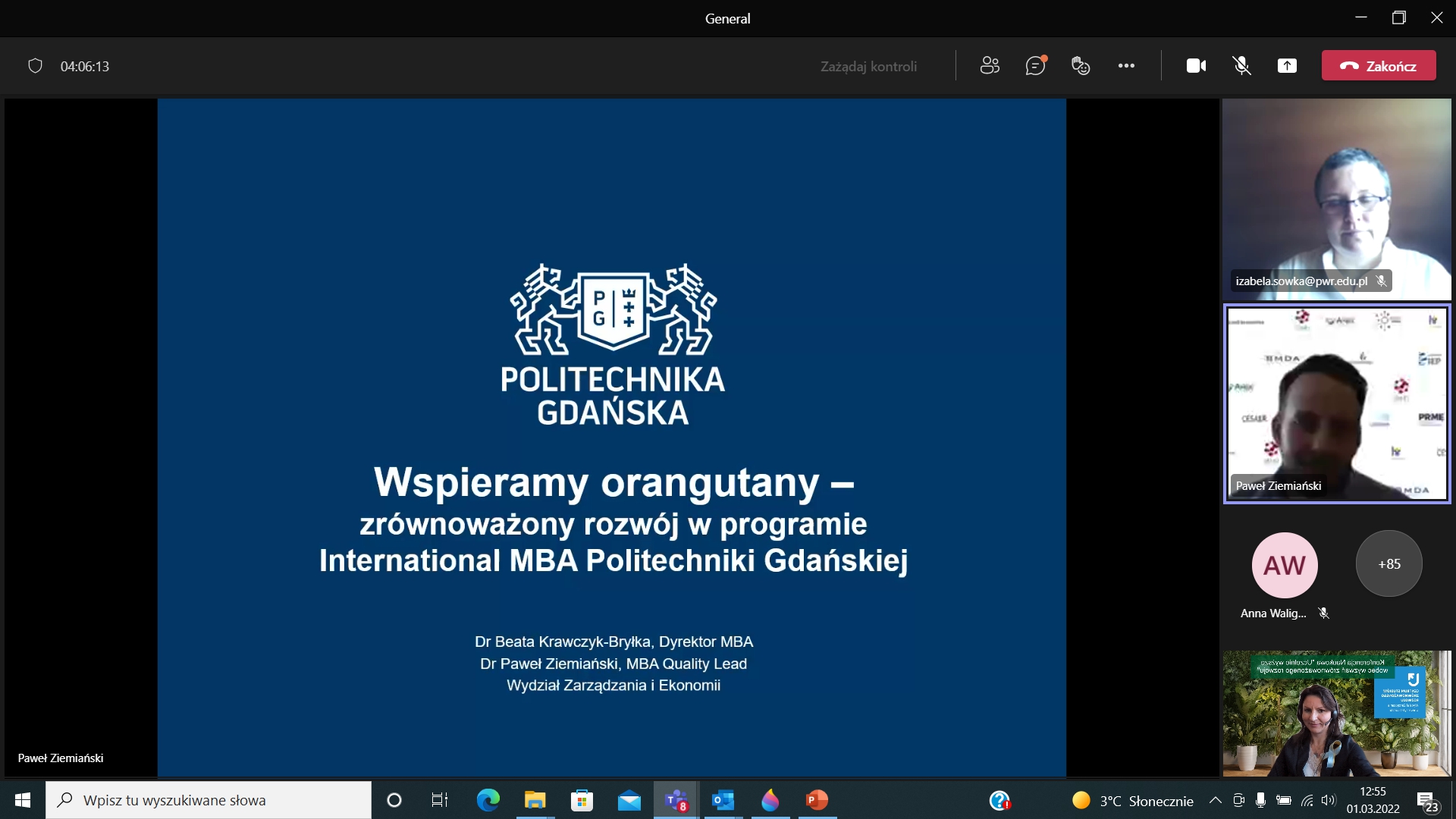 Zrzut z ekranu aplikacji MS Teams Ogólnopolskiej Konferencji Naukowej pt. „Uczelnie wyższe wobec wyzwań zrównoważonego rozwoju”, Wydział Zarządzania, Uniwersytet Łódzki, 01.03.2022