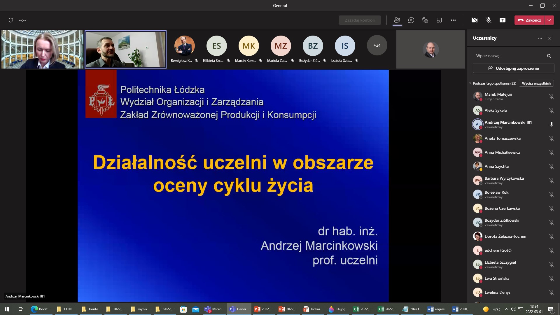 Zrzut z ekranu aplikacji MS Teams Ogólnopolskiej Konferencji Naukowej pt. „Uczelnie wyższe wobec wyzwań zrównoważonego rozwoju”, Wydział Zarządzania, Uniwersytet Łódzki, 01.03.2022