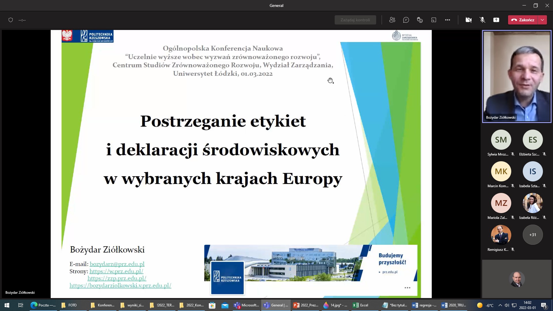 Zrzut z ekranu aplikacji MS Teams Ogólnopolskiej Konferencji Naukowej pt. „Uczelnie wyższe wobec wyzwań zrównoważonego rozwoju”, Wydział Zarządzania, Uniwersytet Łódzki, 01.03.2022