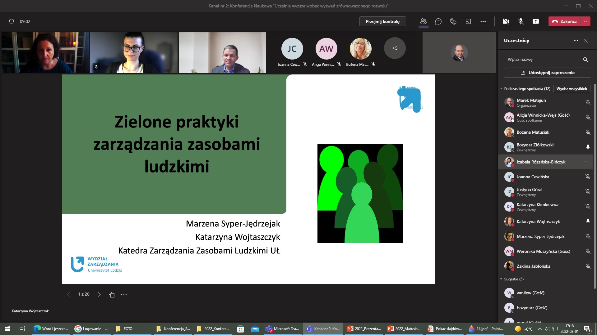 Zrzut z ekranu aplikacji MS Teams Ogólnopolskiej Konferencji Naukowej pt. „Uczelnie wyższe wobec wyzwań zrównoważonego rozwoju”, Wydział Zarządzania, Uniwersytet Łódzki, 01.03.2022