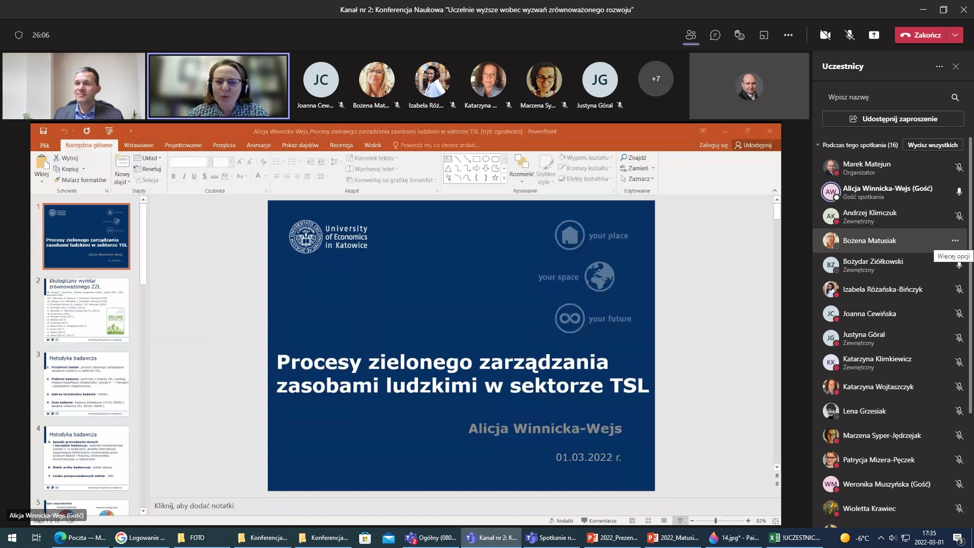 Zrzut z ekranu aplikacji MS Teams Ogólnopolskiej Konferencji Naukowej pt. „Uczelnie wyższe wobec wyzwań zrównoważonego rozwoju”, Wydział Zarządzania, Uniwersytet Łódzki, 01.03.2022