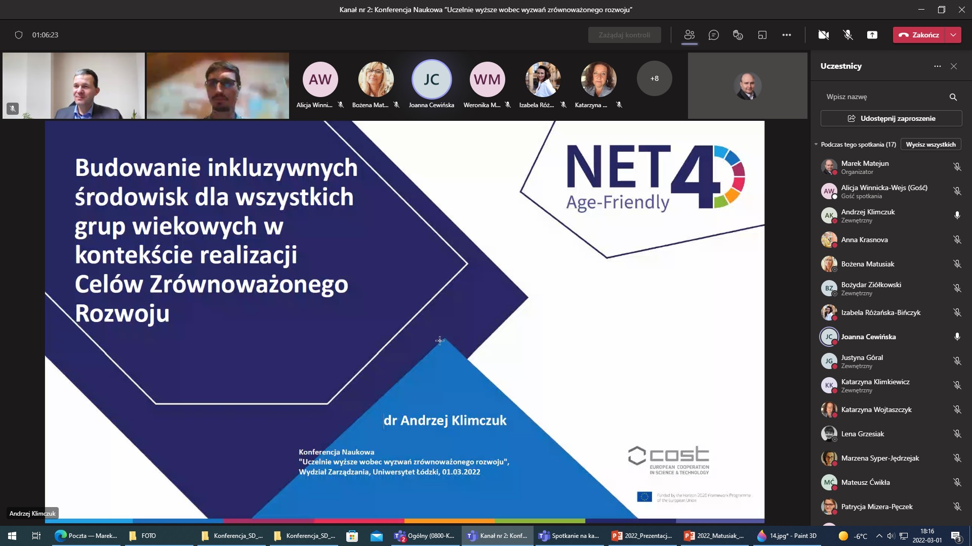 Zrzut z ekranu aplikacji MS Teams Ogólnopolskiej Konferencji Naukowej pt. „Uczelnie wyższe wobec wyzwań zrównoważonego rozwoju”, Wydział Zarządzania, Uniwersytet Łódzki, 01.03.2022