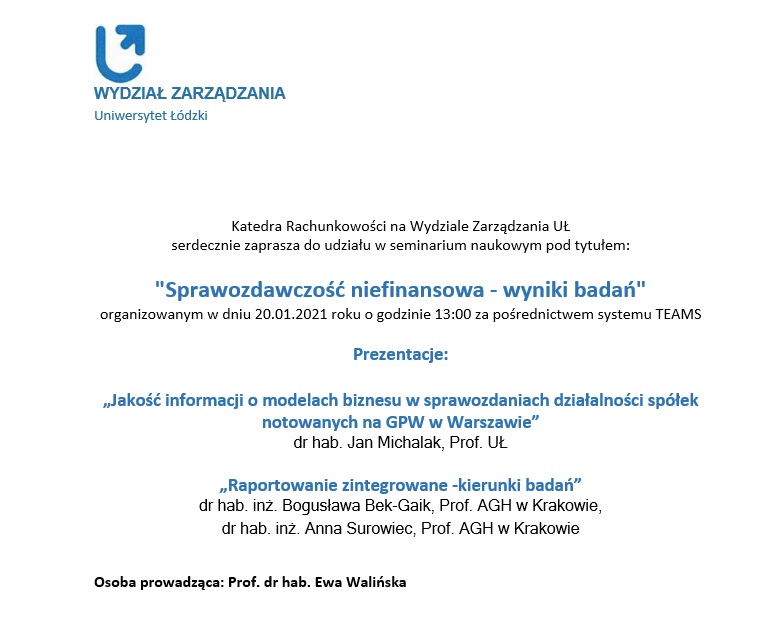 zaproszenie na seminarium: Sprawozdawczość niefinansowa -wyniki badań