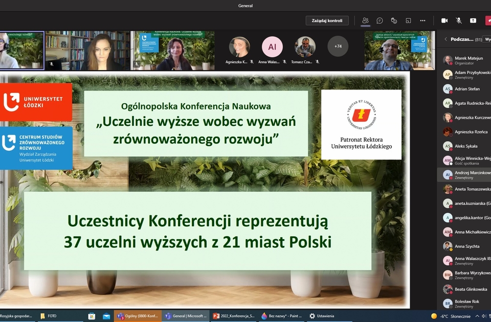 Zrzut z ekranu aplikacji MS Teams Ogólnopolskiej Konferencji Naukowej pt. „Uczelnie wyższe wobec wyzwań zrównoważonego rozwoju”, Wydział Zarządzania, Uniwersytet Łódzki, 01.03.2022