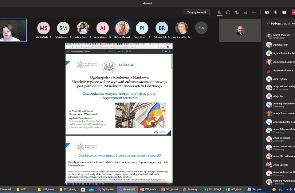 Zrzut z ekranu aplikacji MS Teams Ogólnopolskiej Konferencji Naukowej pt. „Uczelnie wyższe wobec wyzwań zrównoważonego rozwoju”, Wydział Zarządzania, Uniwersytet Łódzki, 01.03.2022