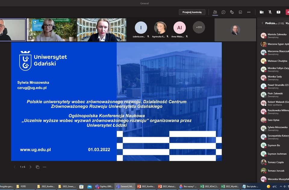 Zrzut z ekranu aplikacji MS Teams Ogólnopolskiej Konferencji Naukowej pt. „Uczelnie wyższe wobec wyzwań zrównoważonego rozwoju”, Wydział Zarządzania, Uniwersytet Łódzki, 01.03.2022