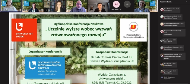 Zrzut z ekranu aplikacji MS Teams Ogólnopolskiej Konferencji Naukowej pt. „Uczelnie wyższe wobec wyzwań zrównoważonego rozwoju”, Wydział Zarządzania, Uniwersytet Łódzki, 01.03.2022